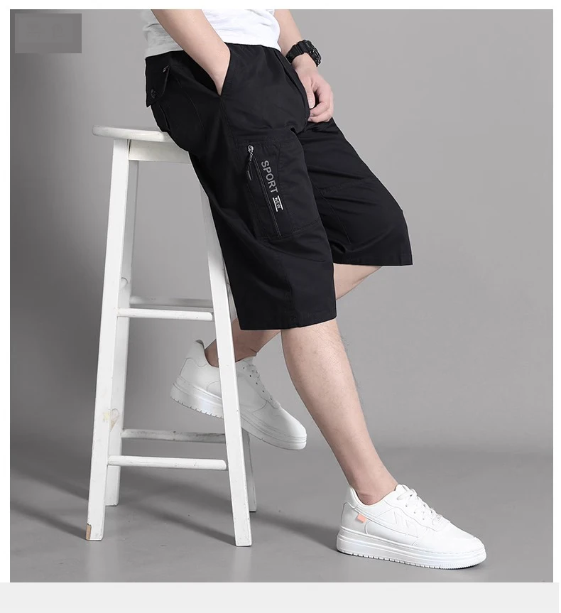 Large Size Cargo Shorts Men's Casual Knee Pants Zipper Pocket Summer Cotton Shorts Running Jogger Shorts Elastic Waist