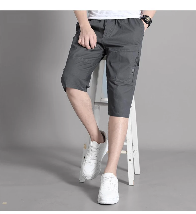 Large Size Cargo Shorts Men's Casual Knee Pants Zipper Pocket Summer Cotton Shorts Running Jogger Shorts Elastic Waist