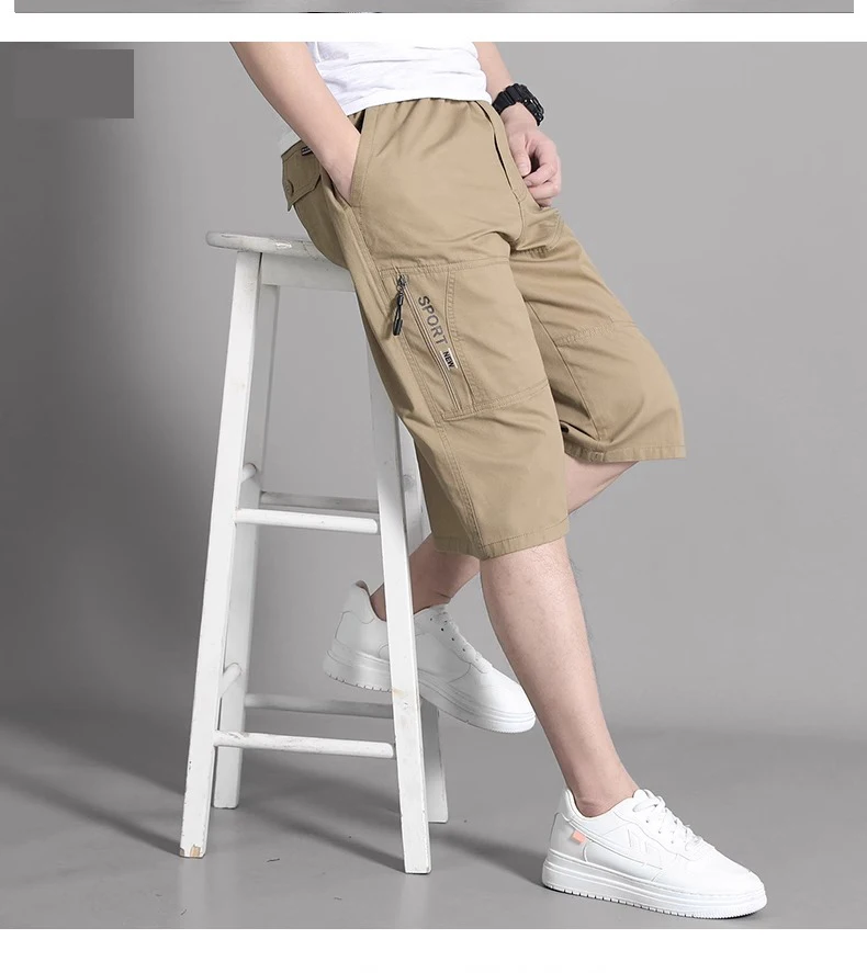 Large Size Cargo Shorts Men's Casual Knee Pants Zipper Pocket Summer Cotton Shorts Running Jogger Shorts Elastic Waist