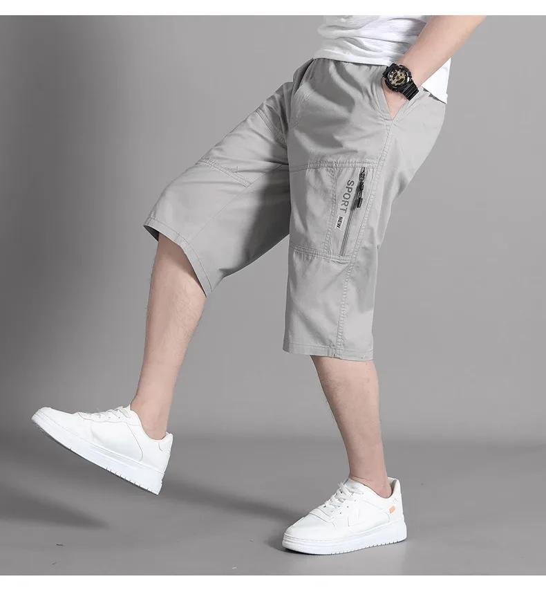 Large Size Cargo Shorts Men's Casual Knee Pants Zipper Pocket Summer Cotton Shorts Running Jogger Shorts Elastic Waist