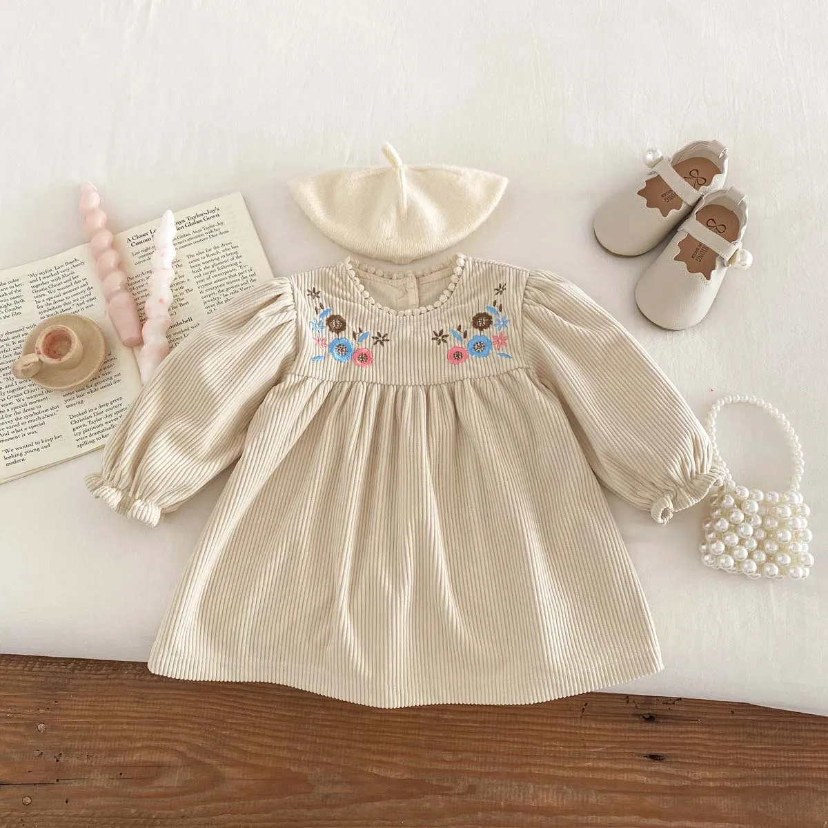 Spring Autumn Baby Princess Dress Corduroy Infant Girl Long Sleeved Embroidered Dress Baby Clothes 0-3y