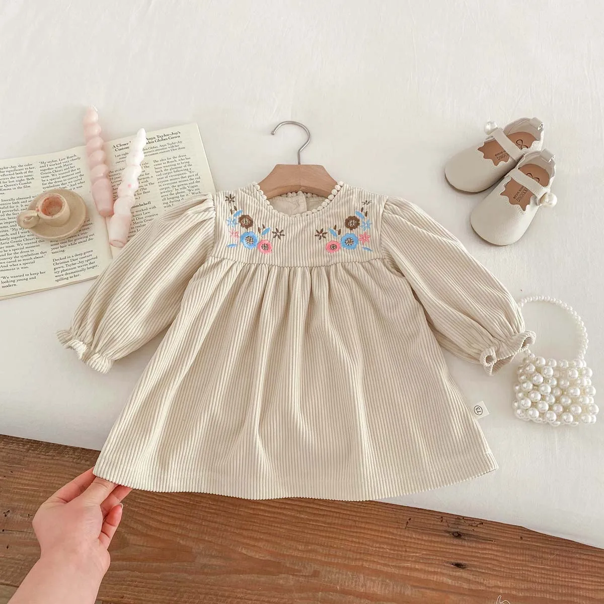 Spring Autumn Baby Princess Dress Corduroy Infant Girl Long Sleeved Embroidered Dress Baby Clothes 0-3y