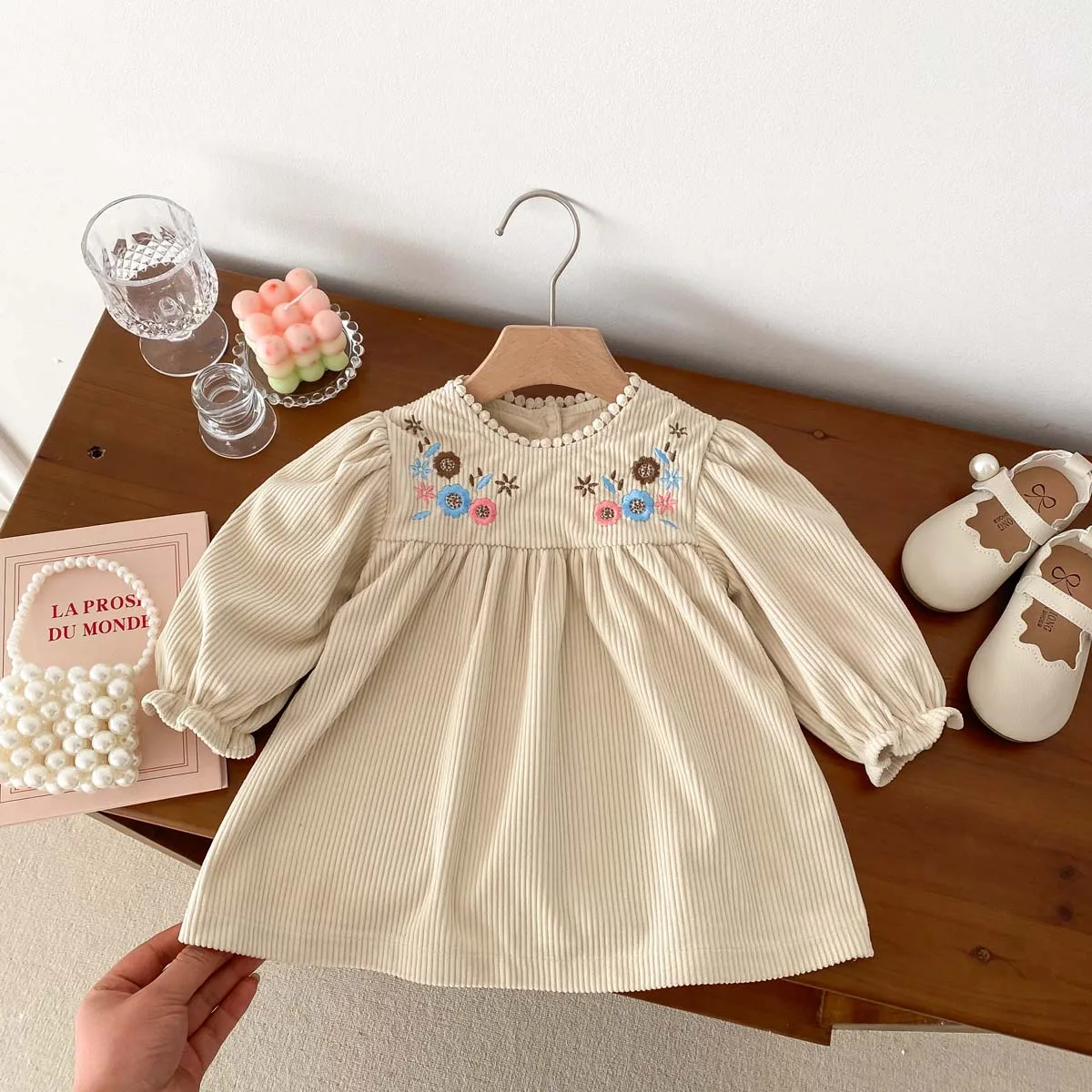 Spring Autumn Baby Princess Dress Corduroy Infant Girl Long Sleeved Embroidered Dress Baby Clothes 0-3y