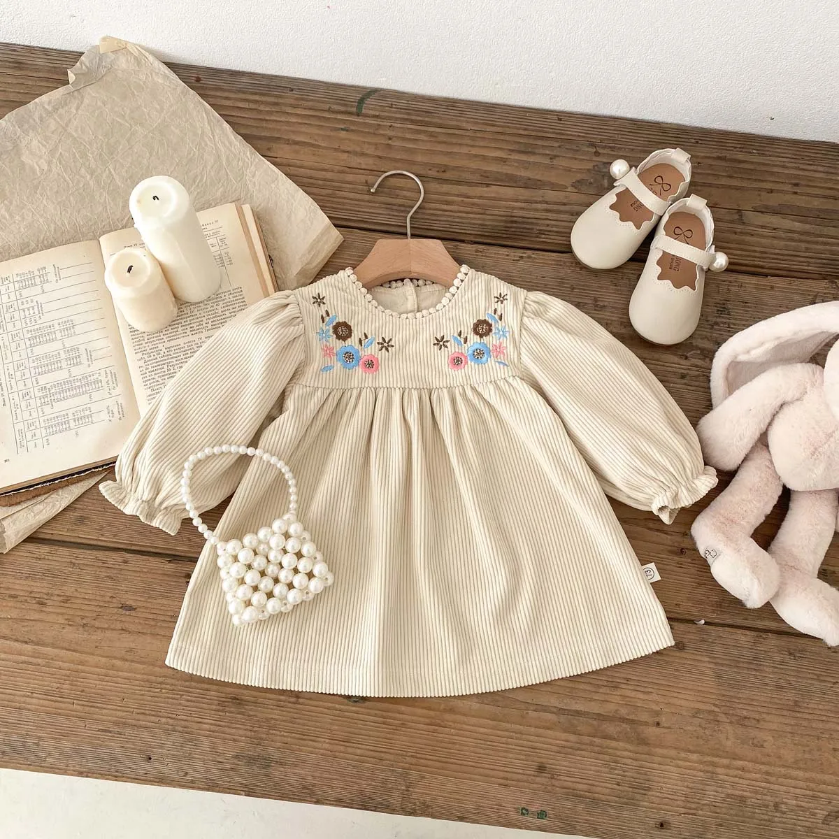 Spring Autumn Baby Princess Dress Corduroy Infant Girl Long Sleeved Embroidered Dress Baby Clothes 0-3y