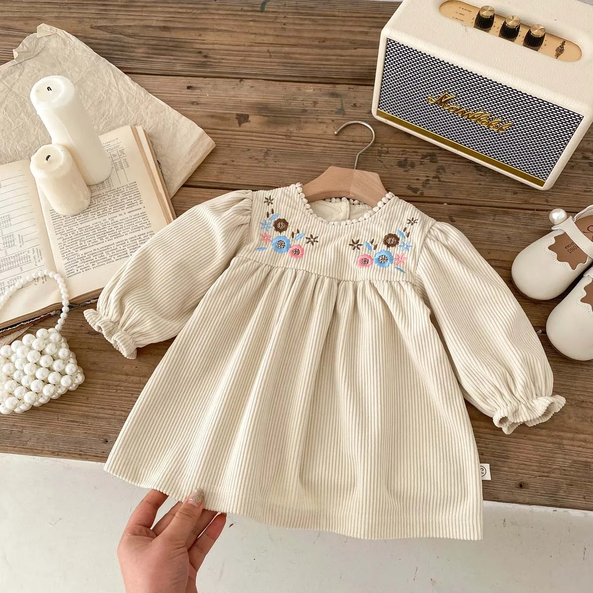 Spring Autumn Baby Princess Dress Corduroy Infant Girl Long Sleeved Embroidered Dress Baby Clothes 0-3y