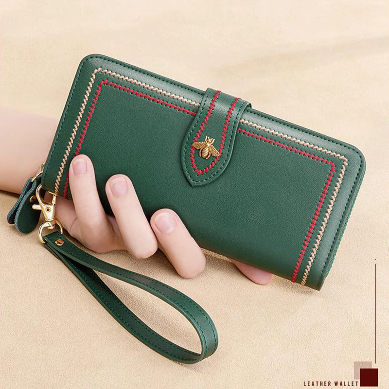 Multi Function Women Wallet Anti RFID Card Holder Large Capacity 6.7inch Phone Long Purse Genuine Leather Clutch Bag Green Color
