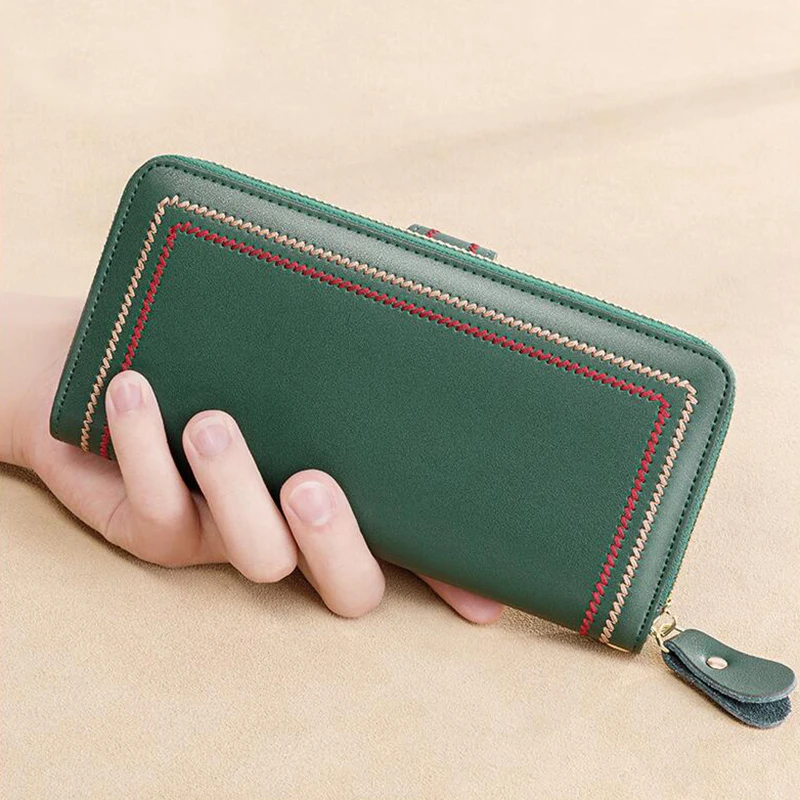 Multi Function Women Wallet Anti RFID Card Holder Large Capacity 6.7inch Phone Long Purse Genuine Leather Clutch Bag Green Color