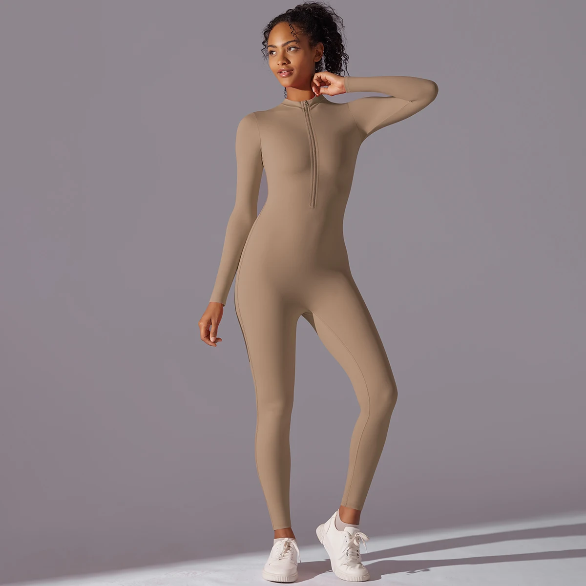 Women Zipper Yoga Jumpsuit Nude Long Sleeve High Intensity Workout One Piece Leotard Fitness Dance Gym Aerial Yoga Jumpsuit