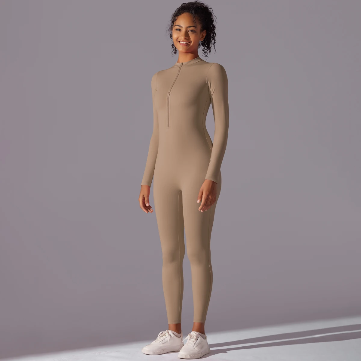 Women Zipper Yoga Jumpsuit Nude Long Sleeve High Intensity Workout One Piece Leotard Fitness Dance Gym Aerial Yoga Jumpsuit