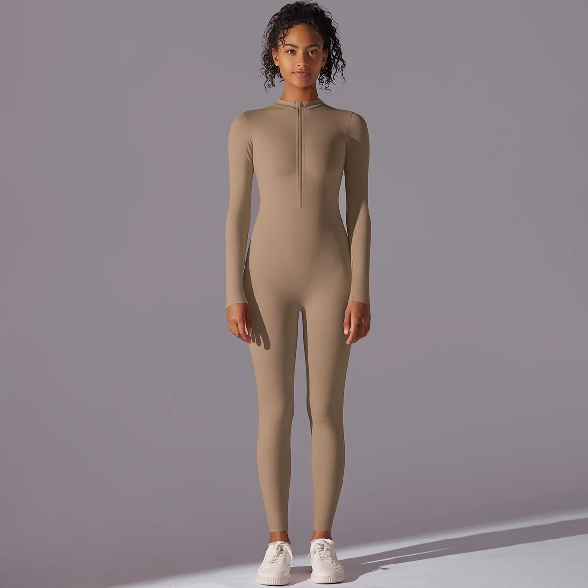 Women Zipper Yoga Jumpsuit Nude Long Sleeve High Intensity Workout One Piece Leotard Fitness Dance Gym Aerial Yoga Jumpsuit