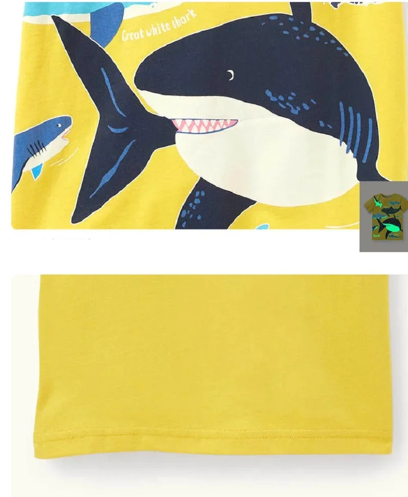 Kids Luminous Cartoon Shark Dinosaur T-shirt Cotton Baby Boys Tees 2-7 Years Summer New Short Sleeve Tops