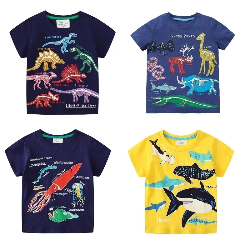 Kids Luminous Cartoon Shark Dinosaur T-shirt Cotton Baby Boys Tees 2-7 Years Summer New Short Sleeve Tops
