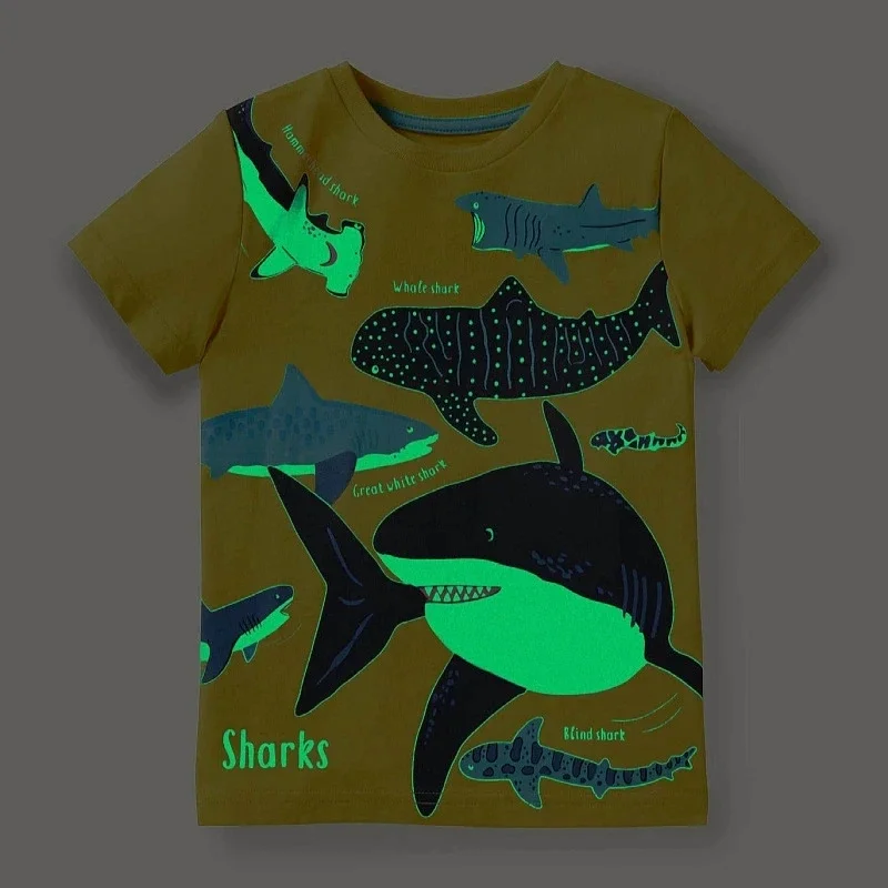 Kids Luminous Cartoon Shark Dinosaur T-shirt Cotton Baby Boys Tees 2-7 Years Summer New Short Sleeve Tops