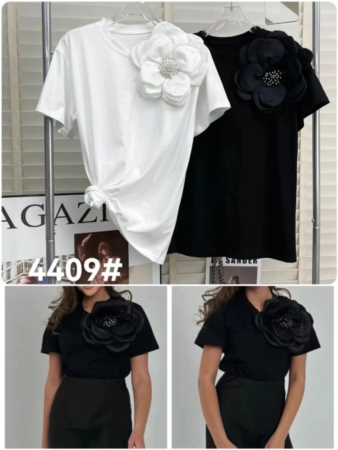 3D Beaded Flowers Stitch Short Sleeve Tshirt Three-Dimensional Big Flower Decorative Loose Casual T-shirt for Women Cotton Tops