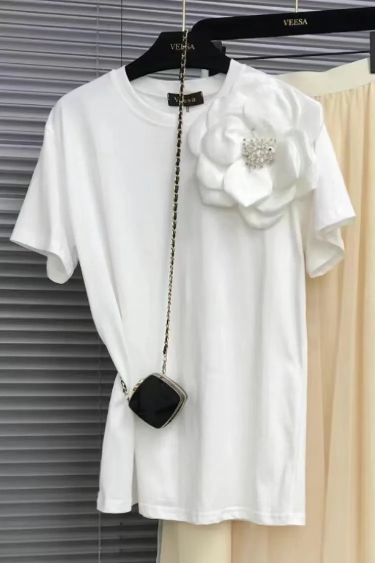 3D Beaded Flowers Stitch Short Sleeve Tshirt Three-Dimensional Big Flower Decorative Loose Casual T-shirt for Women Cotton Tops