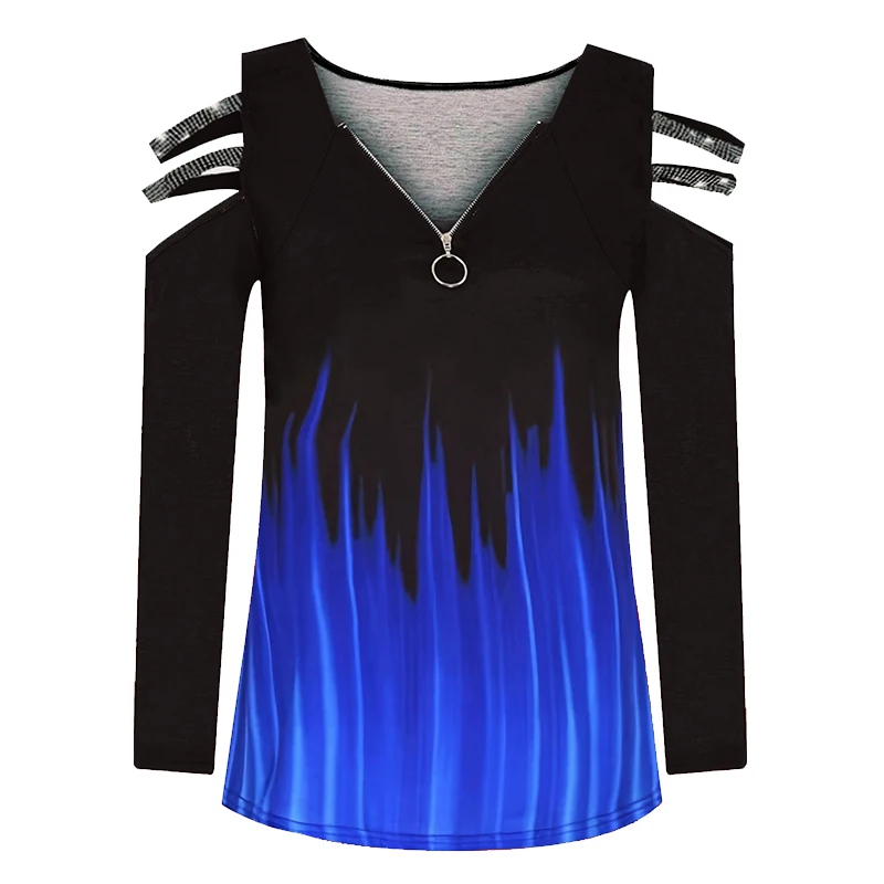 Gradient Color Zipper V Neck T-shirt Casual Loose Off Shoulder Long Sleeve Fashion T-Shirts Tops Women's Clothing