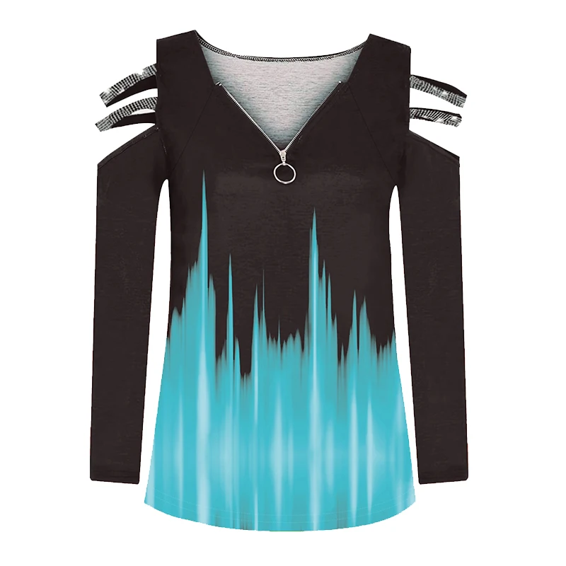 Gradient Color Zipper V Neck T-shirt Casual Loose Off Shoulder Long Sleeve Fashion T-Shirts Tops Women's Clothing