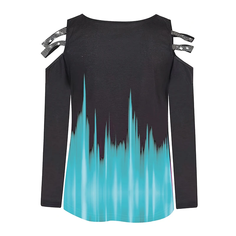 Gradient Color Zipper V Neck T-shirt Casual Loose Off Shoulder Long Sleeve Fashion T-Shirts Tops Women's Clothing
