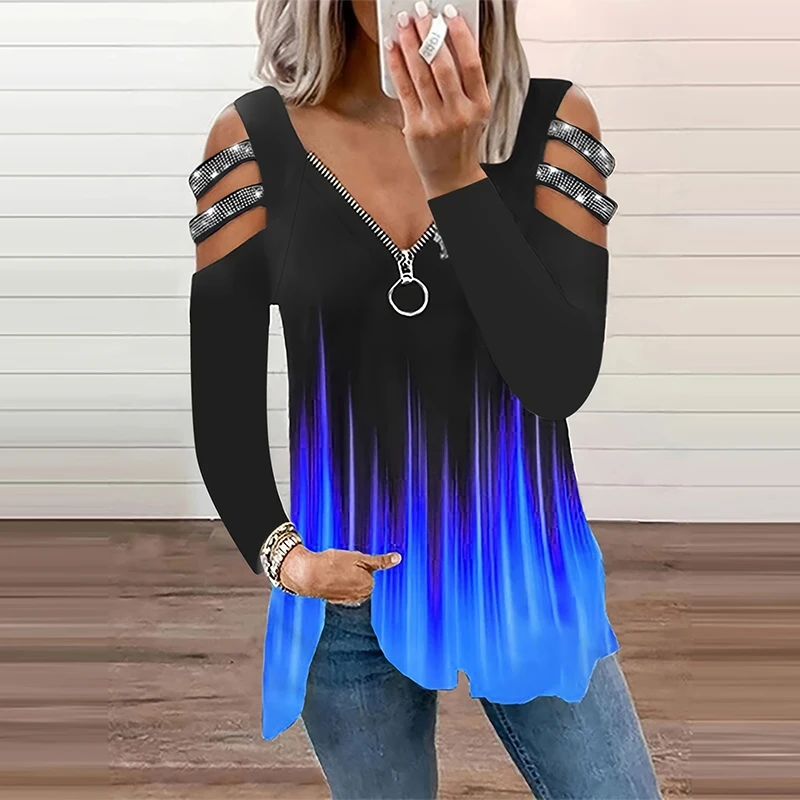 Gradient Color Zipper V Neck T-shirt Casual Loose Off Shoulder Long Sleeve Fashion T-Shirts Tops Women's Clothing