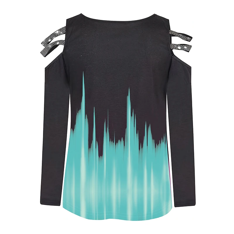 Gradient Color Zipper V Neck T-shirt Casual Loose Off Shoulder Long Sleeve Fashion T-Shirts Tops Women's Clothing
