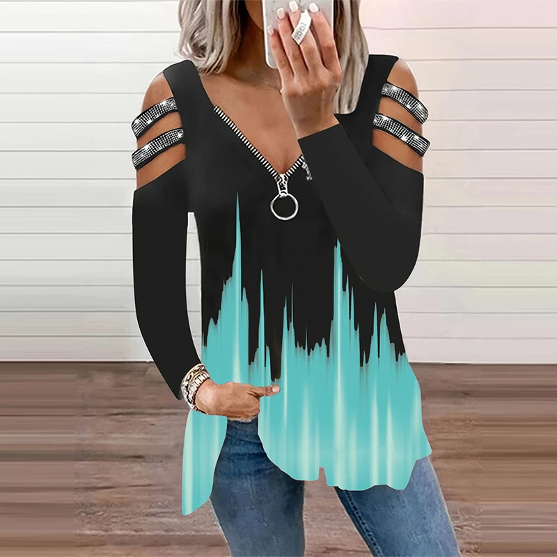 Gradient Color Zipper V Neck T-shirt Casual Loose Off Shoulder Long Sleeve Fashion T-Shirts Tops Women's Clothing