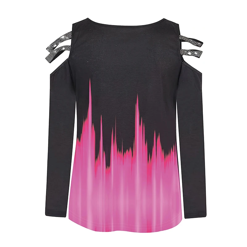 Gradient Color Zipper V Neck T-shirt Casual Loose Off Shoulder Long Sleeve Fashion T-Shirts Tops Women's Clothing