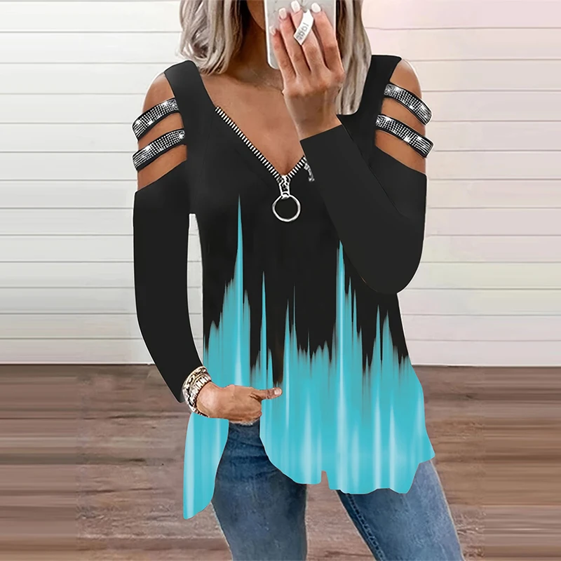 Gradient Color Zipper V Neck T-shirt Casual Loose Off Shoulder Long Sleeve Fashion T-Shirts Tops Women's Clothing