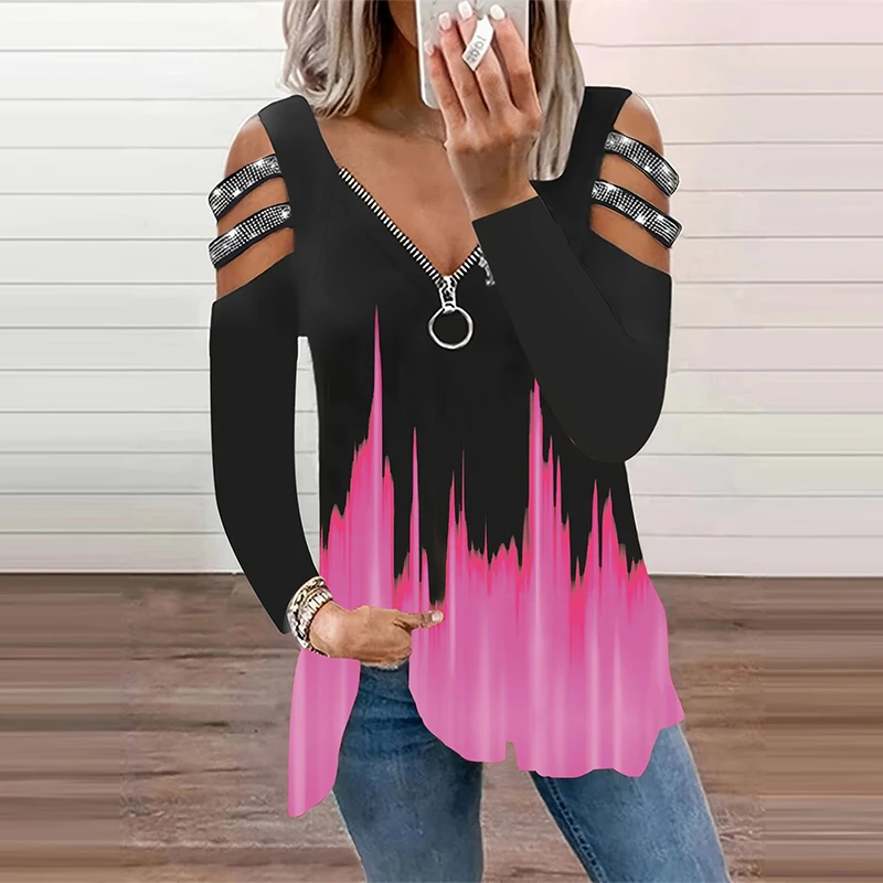 Gradient Color Zipper V Neck T-shirt Casual Loose Off Shoulder Long Sleeve Fashion T-Shirts Tops Women's Clothing