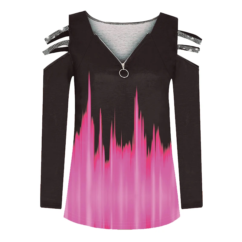 Gradient Color Zipper V Neck T-shirt Casual Loose Off Shoulder Long Sleeve Fashion T-Shirts Tops Women's Clothing