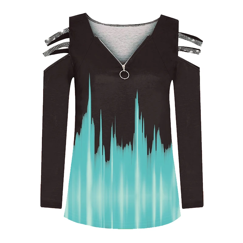 Gradient Color Zipper V Neck T-shirt Casual Loose Off Shoulder Long Sleeve Fashion T-Shirts Tops Women's Clothing