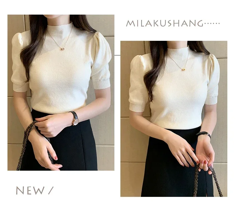 Women's Korean Puff Sleeve Knitted Blouse, Half Turtleneck, Slim Tank Tops, Casual Shirt, Summer Fashion, 2024 New, 18848