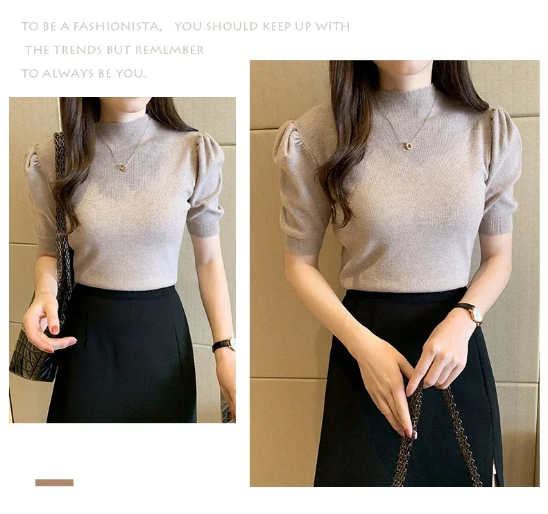 Women's Korean Puff Sleeve Knitted Blouse, Half Turtleneck, Slim Tank Tops, Casual Shirt, Summer Fashion, 2024 New, 18848