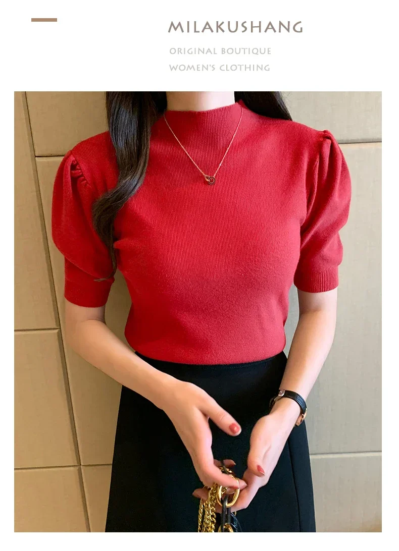 Women's Korean Puff Sleeve Knitted Blouse, Half Turtleneck, Slim Tank Tops, Casual Shirt, Summer Fashion, 2024 New, 18848