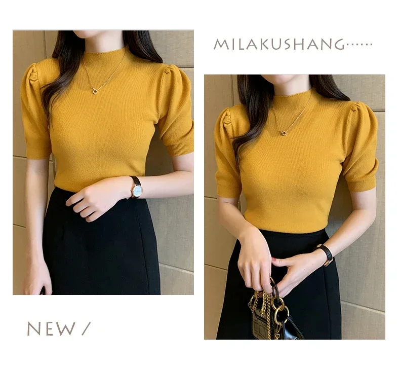 Women's Korean Puff Sleeve Knitted Blouse, Half Turtleneck, Slim Tank Tops, Casual Shirt, Summer Fashion, 2024 New, 18848