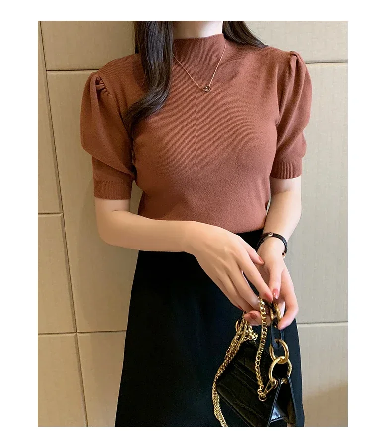 Women's Korean Puff Sleeve Knitted Blouse, Half Turtleneck, Slim Tank Tops, Casual Shirt, Summer Fashion, 2024 New, 18848
