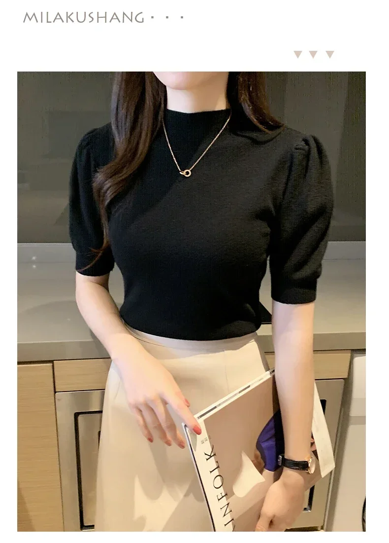 Women's Korean Puff Sleeve Knitted Blouse, Half Turtleneck, Slim Tank Tops, Casual Shirt, Summer Fashion, 2024 New, 18848