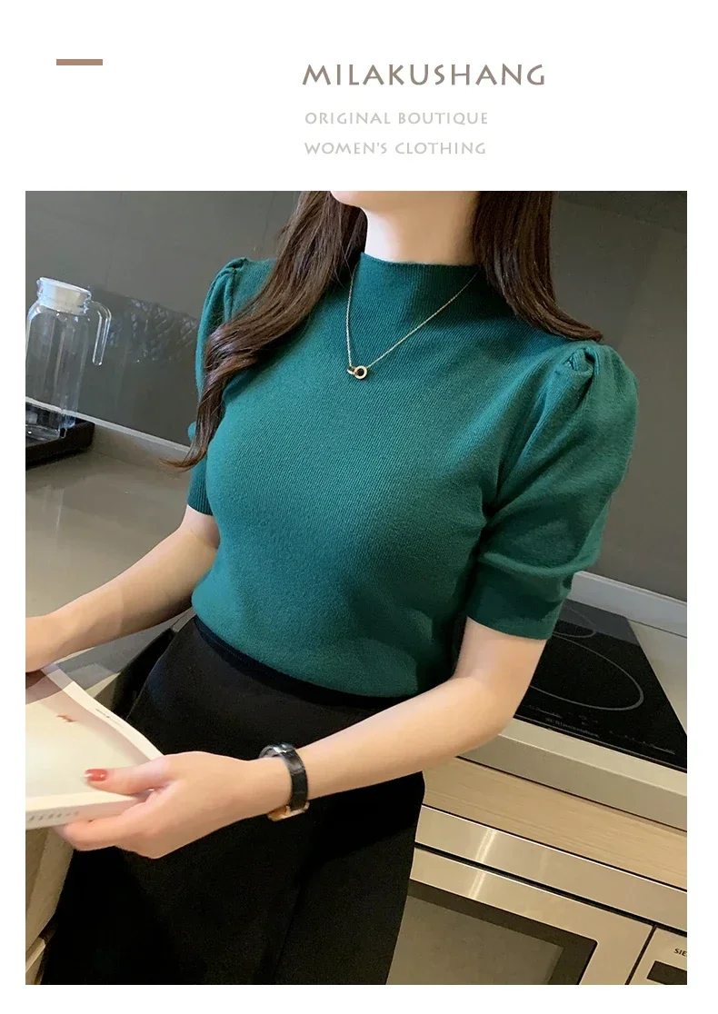 Women's Korean Puff Sleeve Knitted Blouse, Half Turtleneck, Slim Tank Tops, Casual Shirt, Summer Fashion, 2024 New, 18848