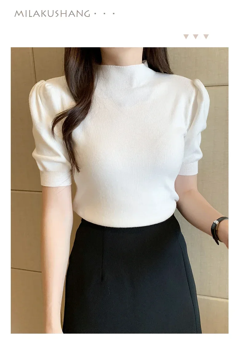 Women's Korean Puff Sleeve Knitted Blouse, Half Turtleneck, Slim Tank Tops, Casual Shirt, Summer Fashion, 2024 New, 18848