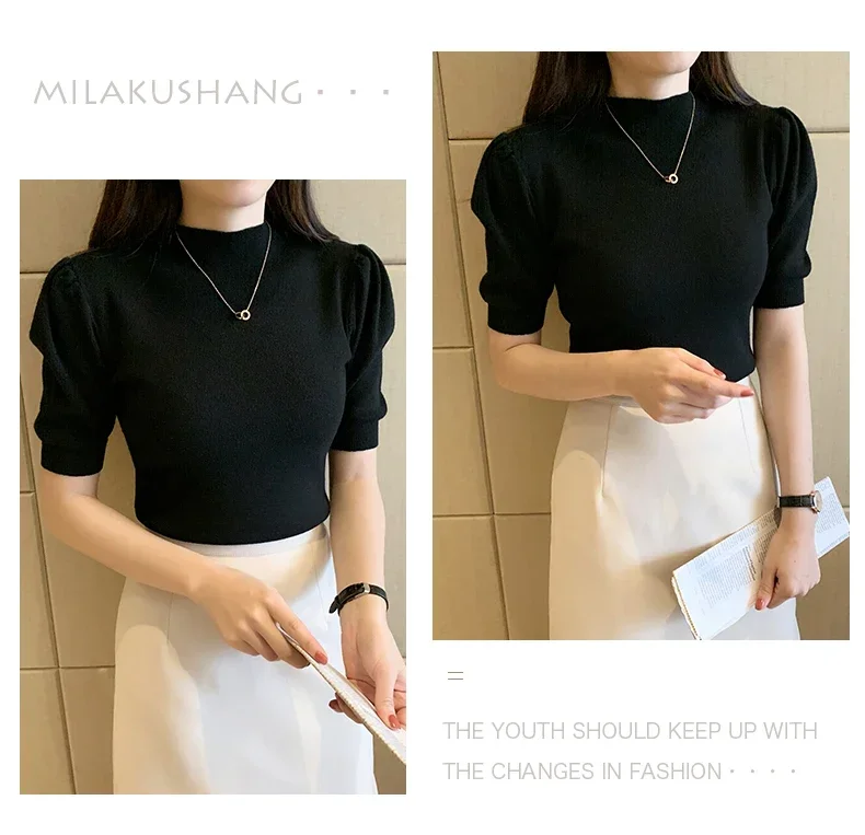 Women's Korean Puff Sleeve Knitted Blouse, Half Turtleneck, Slim Tank Tops, Casual Shirt, Summer Fashion, 2024 New, 18848