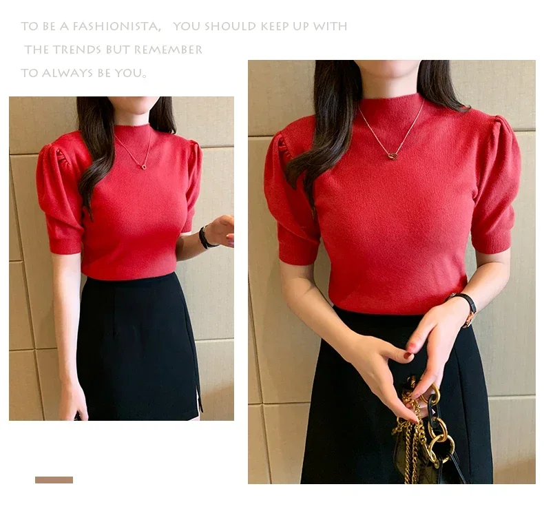 Women's Korean Puff Sleeve Knitted Blouse, Half Turtleneck, Slim Tank Tops, Casual Shirt, Summer Fashion, 2024 New, 18848