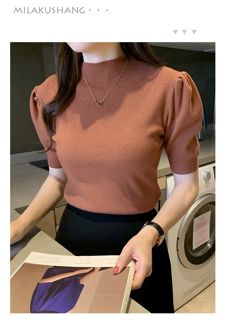 Women's Korean Puff Sleeve Knitted Blouse, Half Turtleneck, Slim Tank Tops, Casual Shirt, Summer Fashion, 2024 New, 18848
