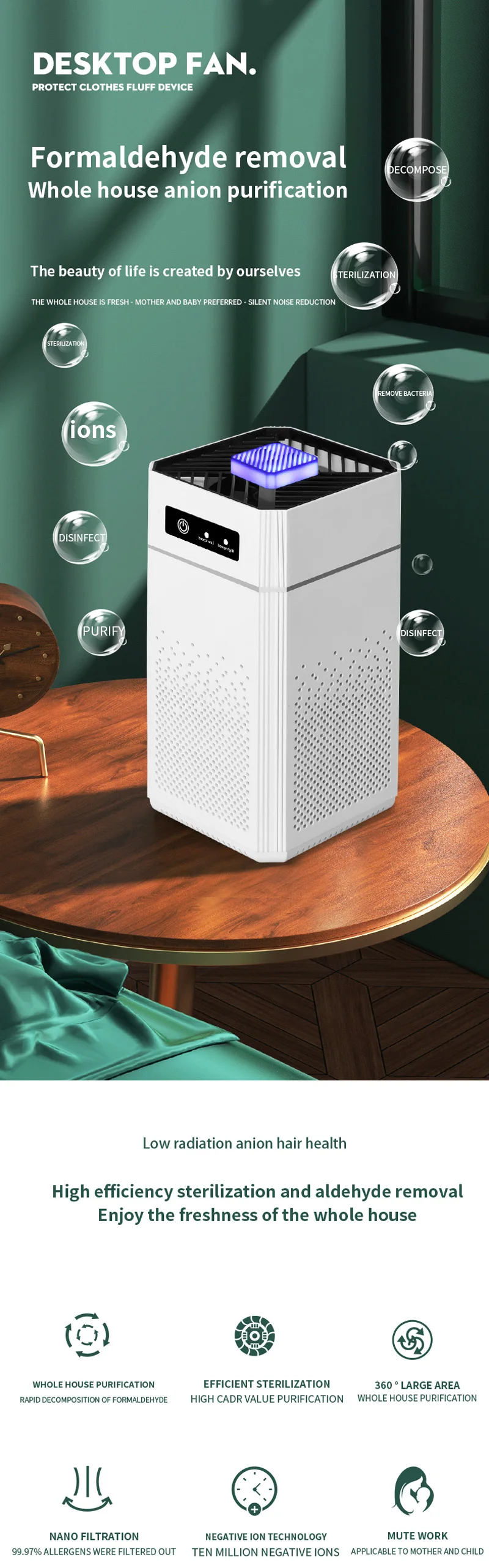 Air Purifier Hepa Negative Ion Formaldehyde Pet Hair Dust Smog Air Purifier Large Room Odor Removal Air Cleaner For Dust