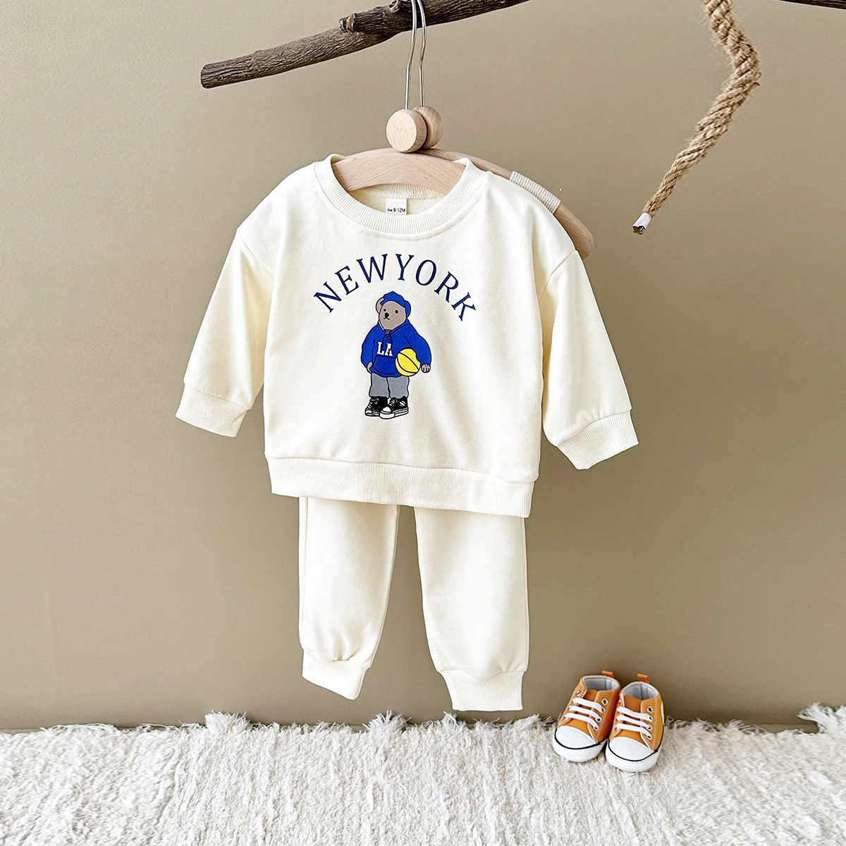 Newborn Spring Autumn 2PCS Baby 0-4Y Cotton Thick Long Sleeves+Pants Bear Boys Girls Printed Clothes Warmth Set Children