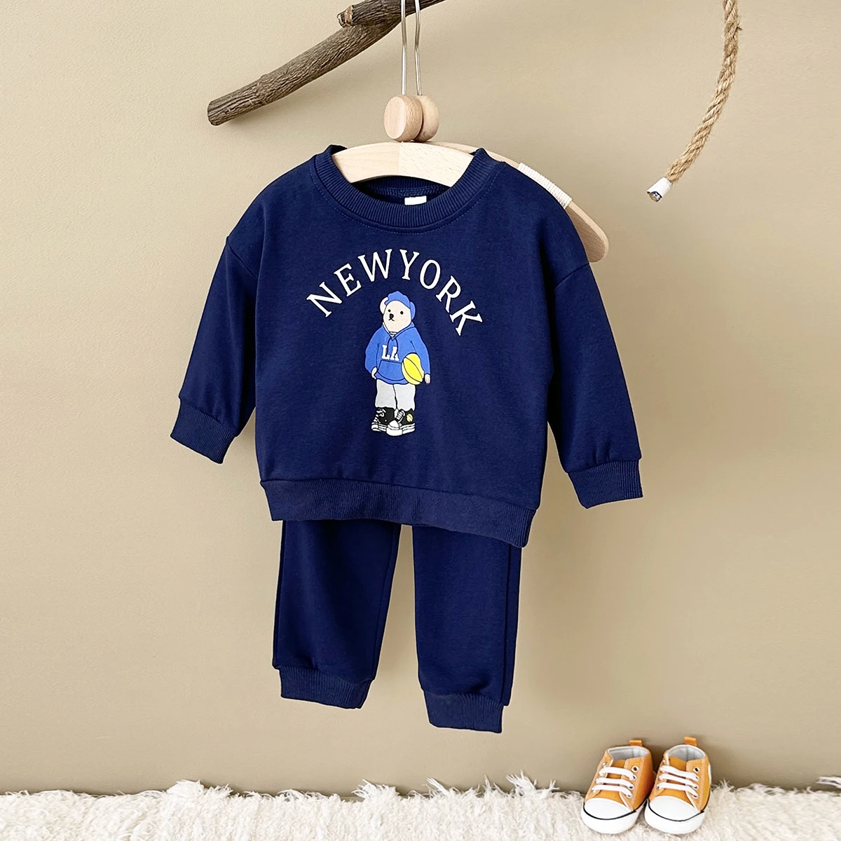 Newborn Spring Autumn 2PCS Baby 0-4Y Cotton Thick Long Sleeves+Pants Bear Boys Girls Printed Clothes Warmth Set Children