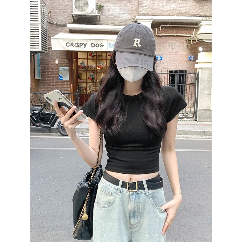 AOSSVIAO 2026 Sexy O Neck Slim T Shirt Women Cotton Elastic Basic Solid Female Casual Korean Tops Short Sleeve Thin T-shirts