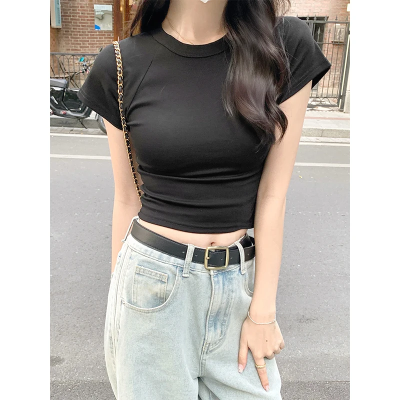 AOSSVIAO 2026 Sexy O Neck Slim T Shirt Women Cotton Elastic Basic Solid Female Casual Korean Tops Short Sleeve Thin T-shirts