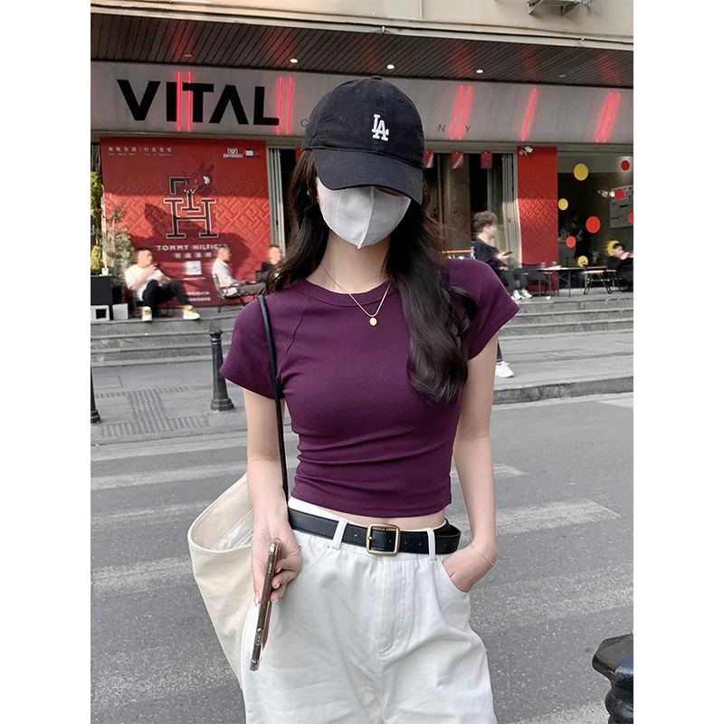 AOSSVIAO 2026 Sexy O Neck Slim T Shirt Women Cotton Elastic Basic Solid Female Casual Korean Tops Short Sleeve Thin T-shirts