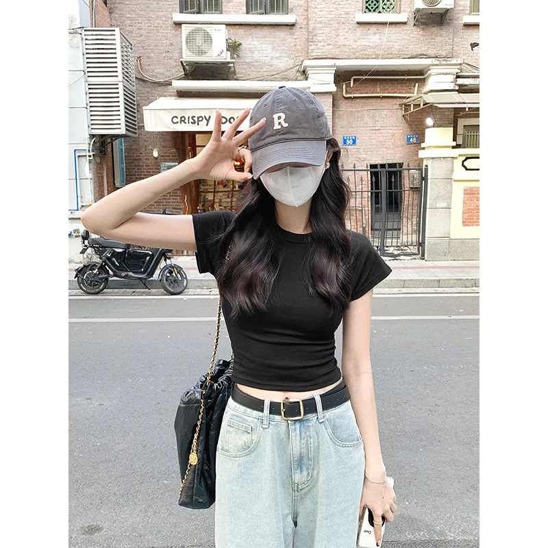 AOSSVIAO 2026 Sexy O Neck Slim T Shirt Women Cotton Elastic Basic Solid Female Casual Korean Tops Short Sleeve Thin T-shirts