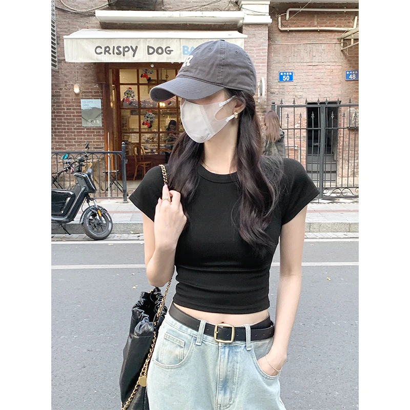AOSSVIAO 2026 Sexy O Neck Slim T Shirt Women Cotton Elastic Basic Solid Female Casual Korean Tops Short Sleeve Thin T-shirts