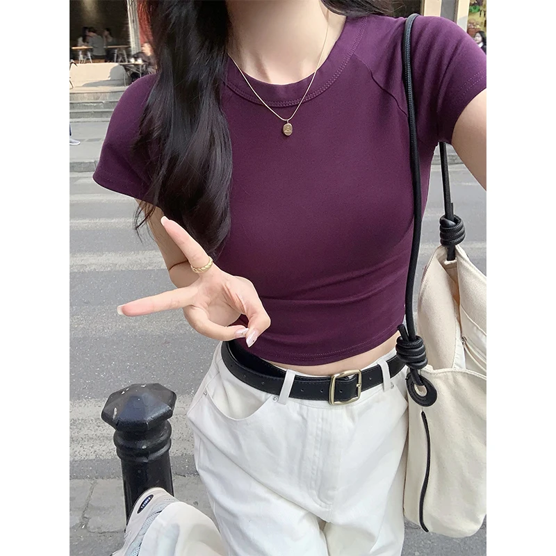 AOSSVIAO 2026 Sexy O Neck Slim T Shirt Women Cotton Elastic Basic Solid Female Casual Korean Tops Short Sleeve Thin T-shirts
